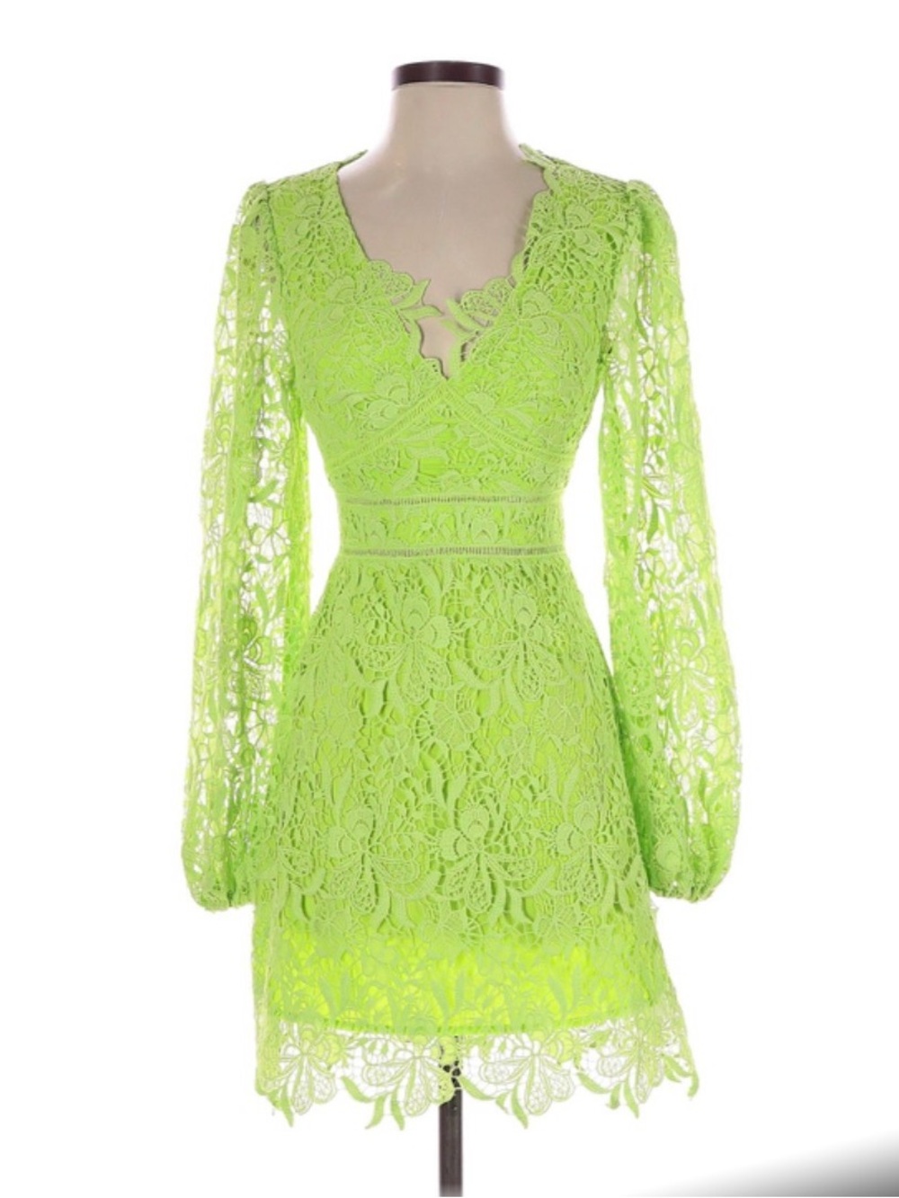 Karen Millen Neon Green Lace Long-Sleeve Mini Dress
